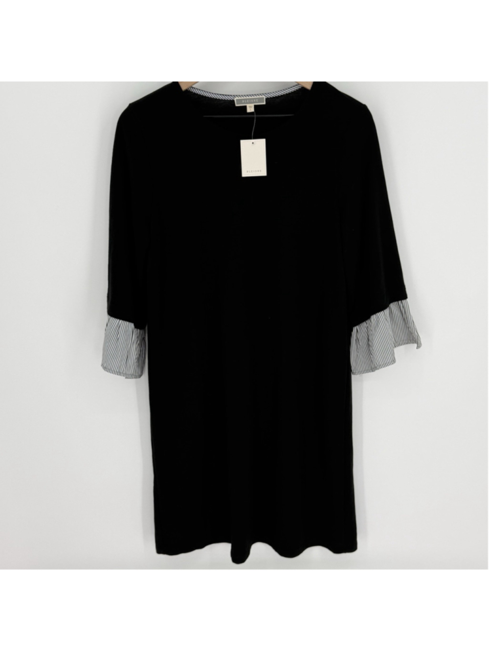 Pleione Dress Size Large Black Shirt Dress Striped Bell 3/4 Sleeve Women’s NWT